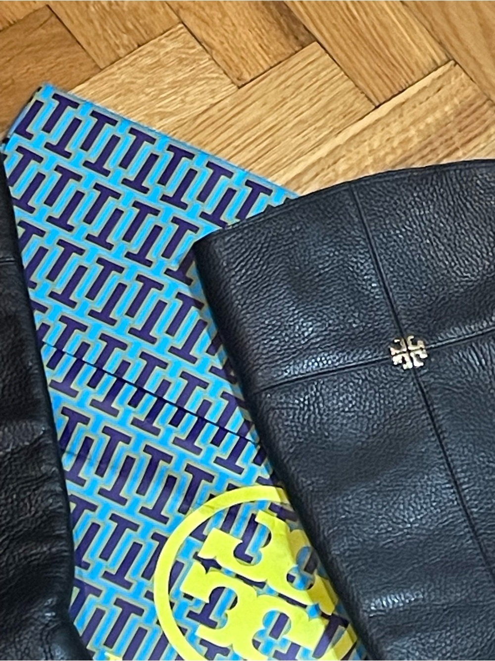 TORY BURCH~Pebbled Leather Logo Zip Black Riding Boots - Picture 4 of 13